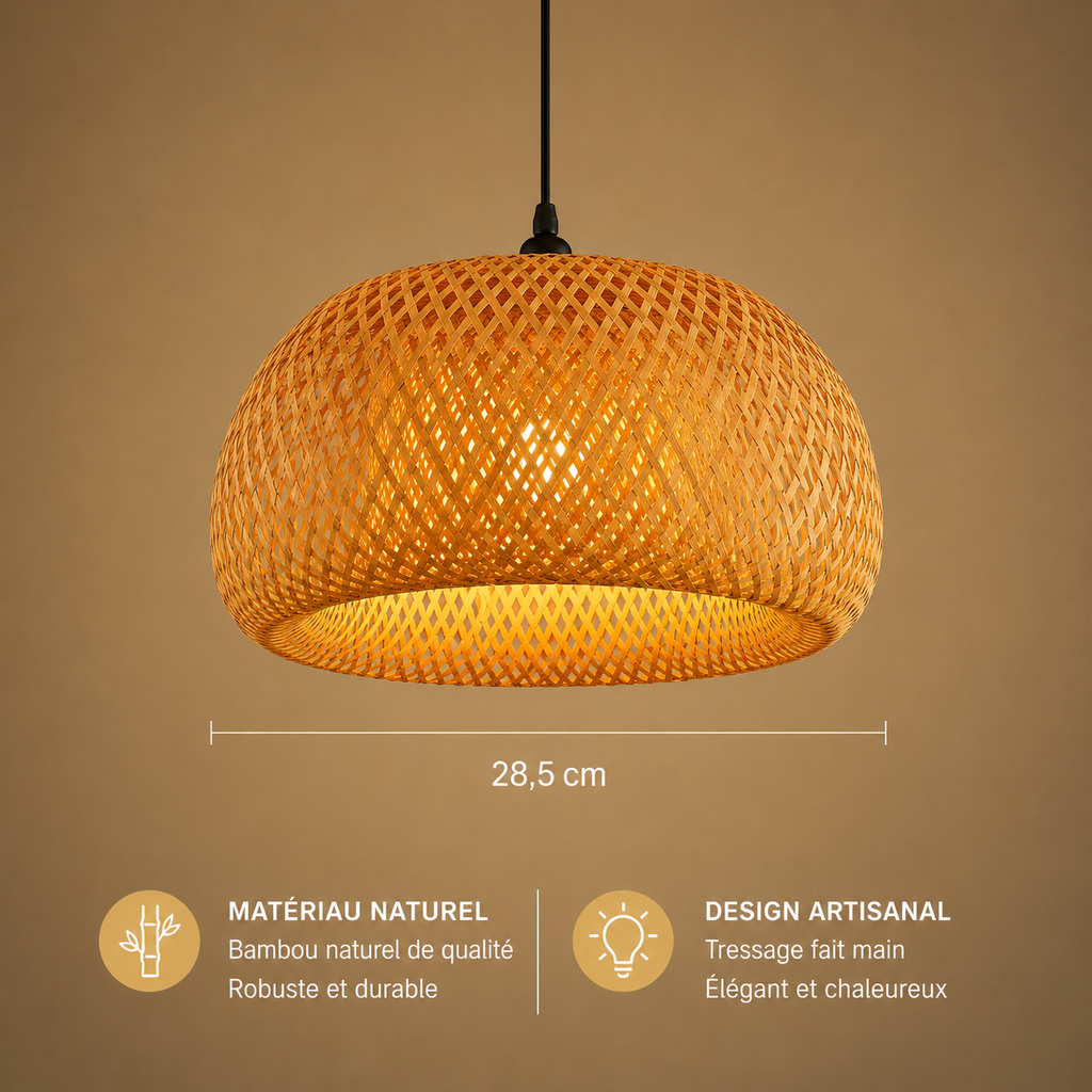 Lampe Suspension Bambou & Rotin - Luminaire Tissé Main Style Bohème