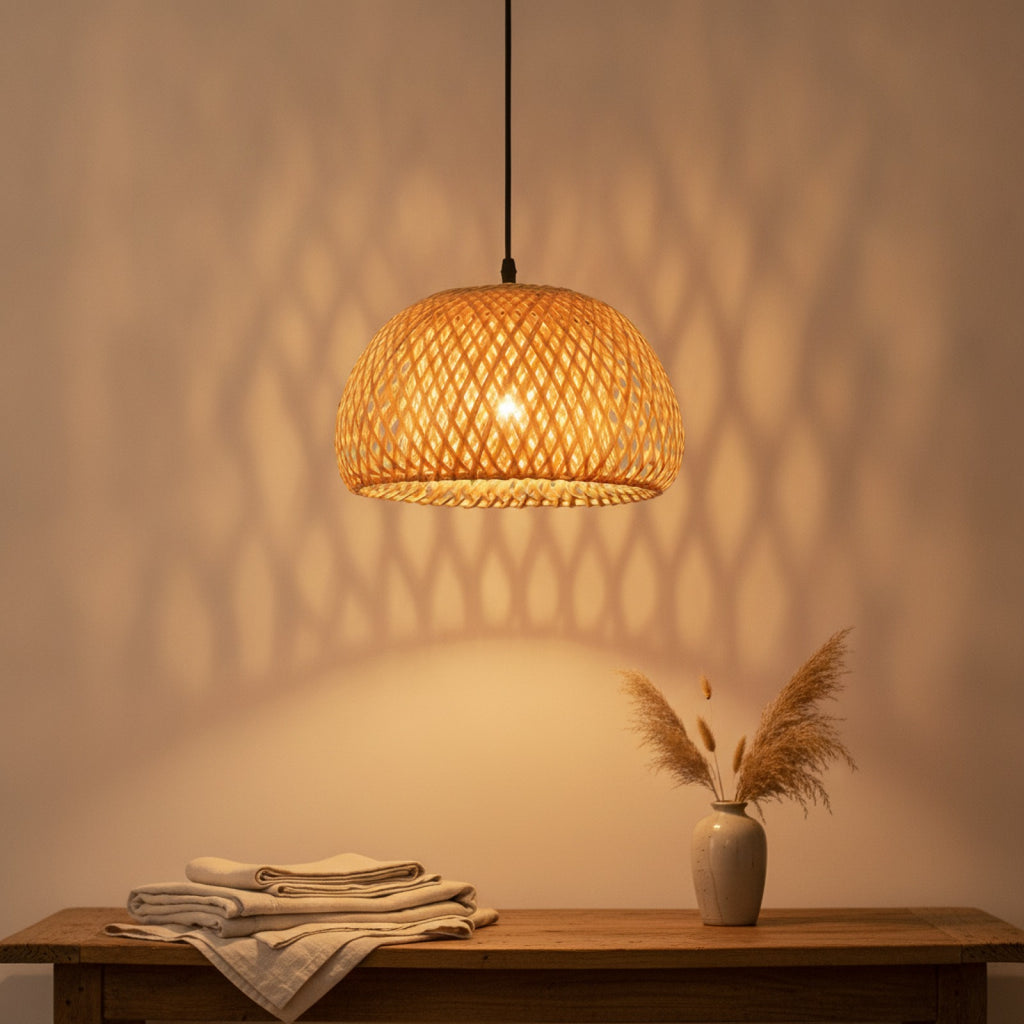 Lampe Suspension Bambou & Rotin Naturel - Luminaire Tissé Main Style Bohème