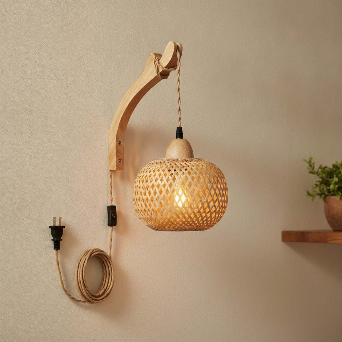 Applique Murale en Bambou et Rotin Naturel - Luminaire Tissé Main, Douille E27