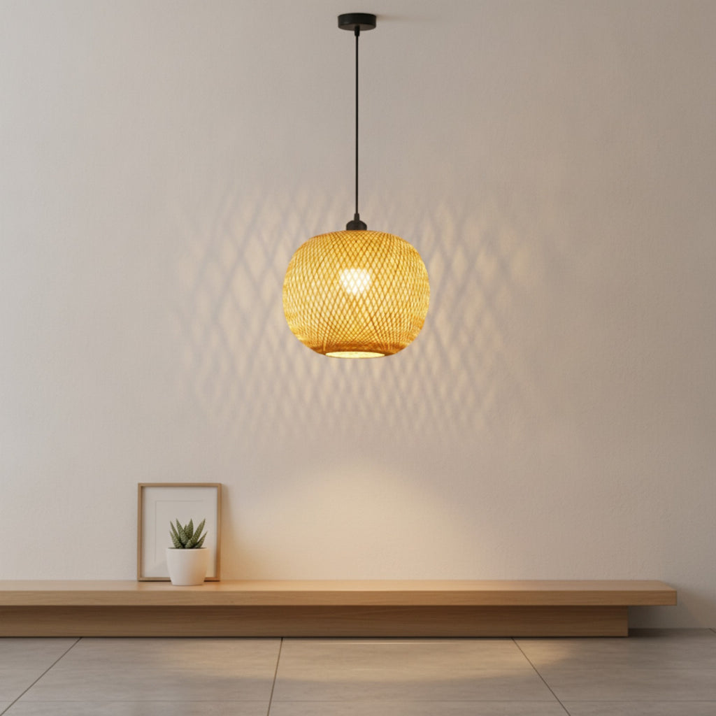 Lustre Suspendu en Bambou Tressé - Style Rétro Rustique (20cm)