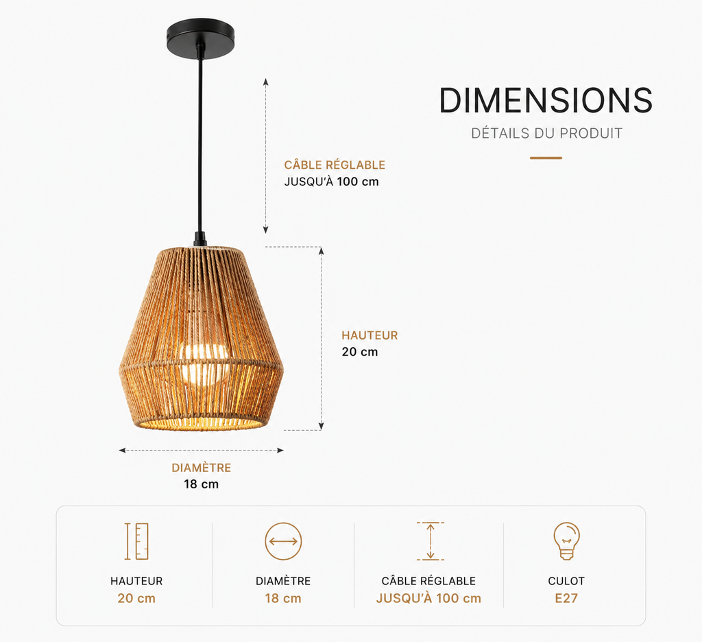 Lustre Bohème en Corde de Chanvre avec LED - Design Créatif
