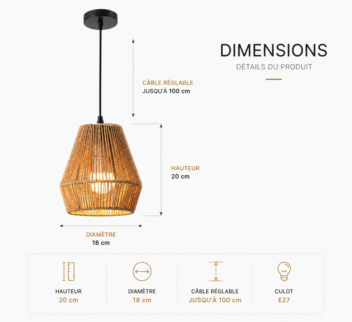 Lustre Bohème en Corde de Chanvre avec LED - Design Créatif